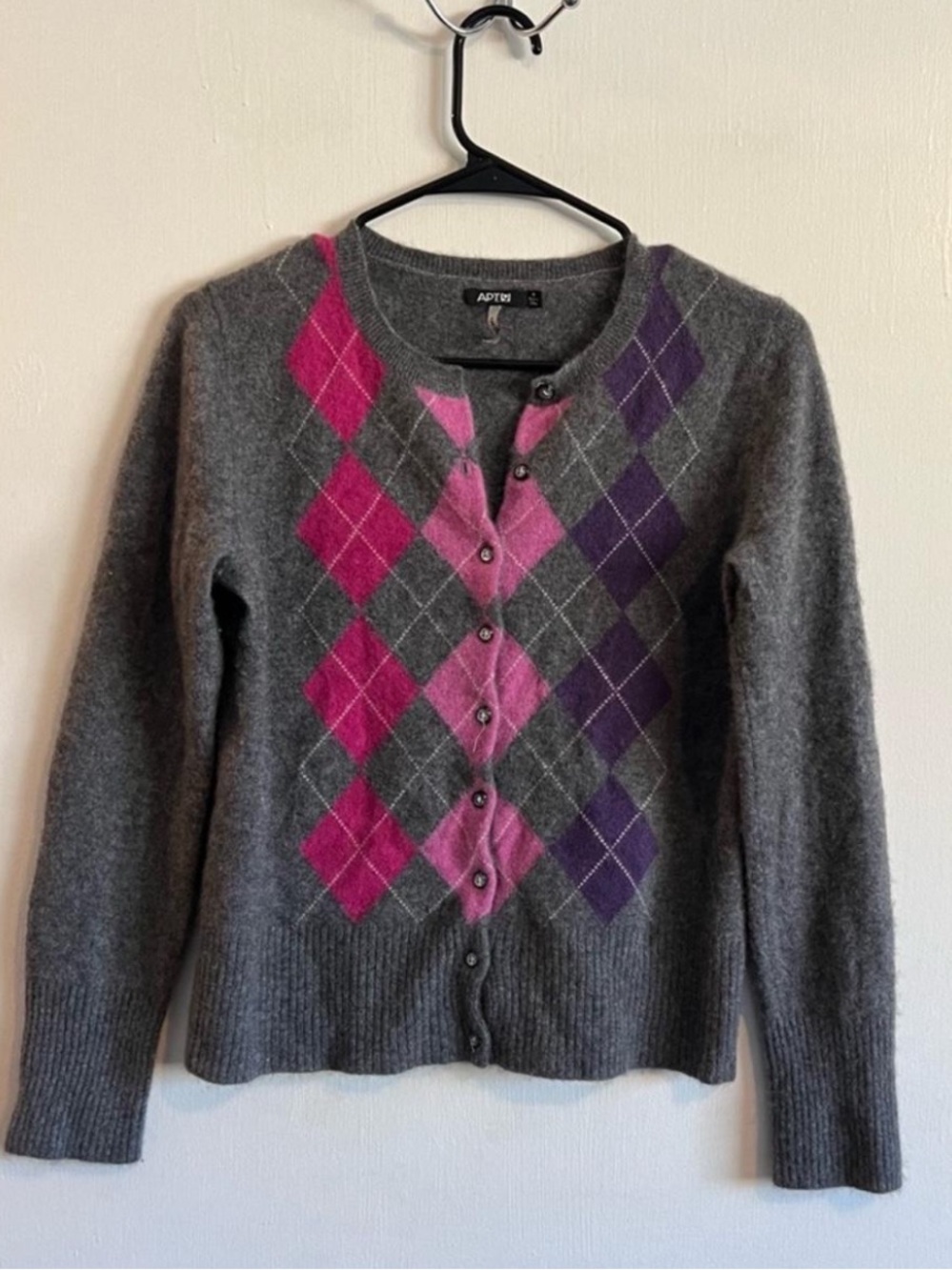 Apt.9 gray purple and pink argyle cashmere cardigan sweater